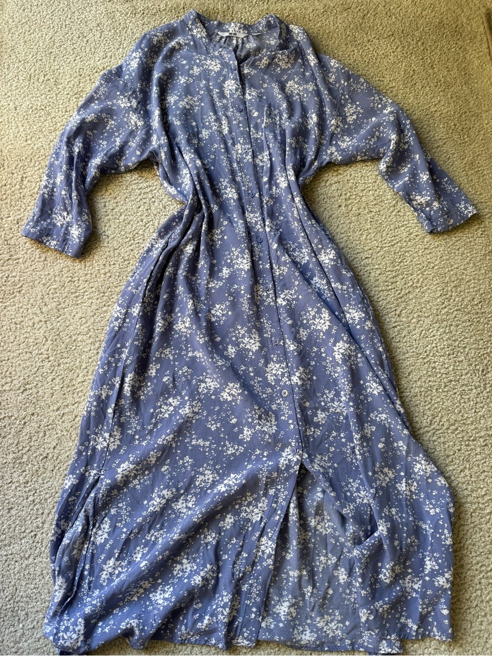 Uniqlo Dusty Blue Floral Button-Front Maxi Dress sexy casual elegant long